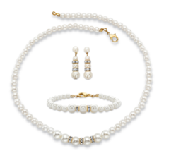 Simulated Pearl Crystal Necklace Earrings Bracelet Set Gold Tone - £79.82 GBP