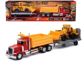 Peterbilt 379 Dump Truck Red and Wheel Loader Yellow with Flatbed Traile... - £54.79 GBP