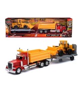 Peterbilt 379 Dump Truck Red and Wheel Loader Yellow with Flatbed Traile... - £54.40 GBP