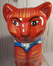 Talavera Red Cat Pottery Coin Bank Hand Painted Signed Mexico 8&quot; Tall. - £20.59 GBP