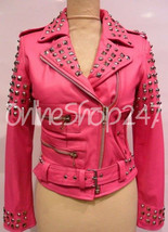 New Women Baby Full Silver Metal Studded Brando Style Rock Star Leather Jacket - £221.45 GBP