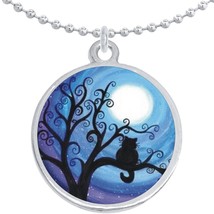 Cat Tree Moon Round Pendant Necklace Beautiful Fashion Jewelry - £8.53 GBP