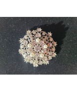Vintage Silver Tone Clear Rhinestone Faux Pearl Domed Brooch Pin - £55.22 GBP