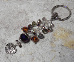Heart Crystal Cluster Beaded Handmade Keychain Split Key Ring Purple Gold Silver - £13.51 GBP