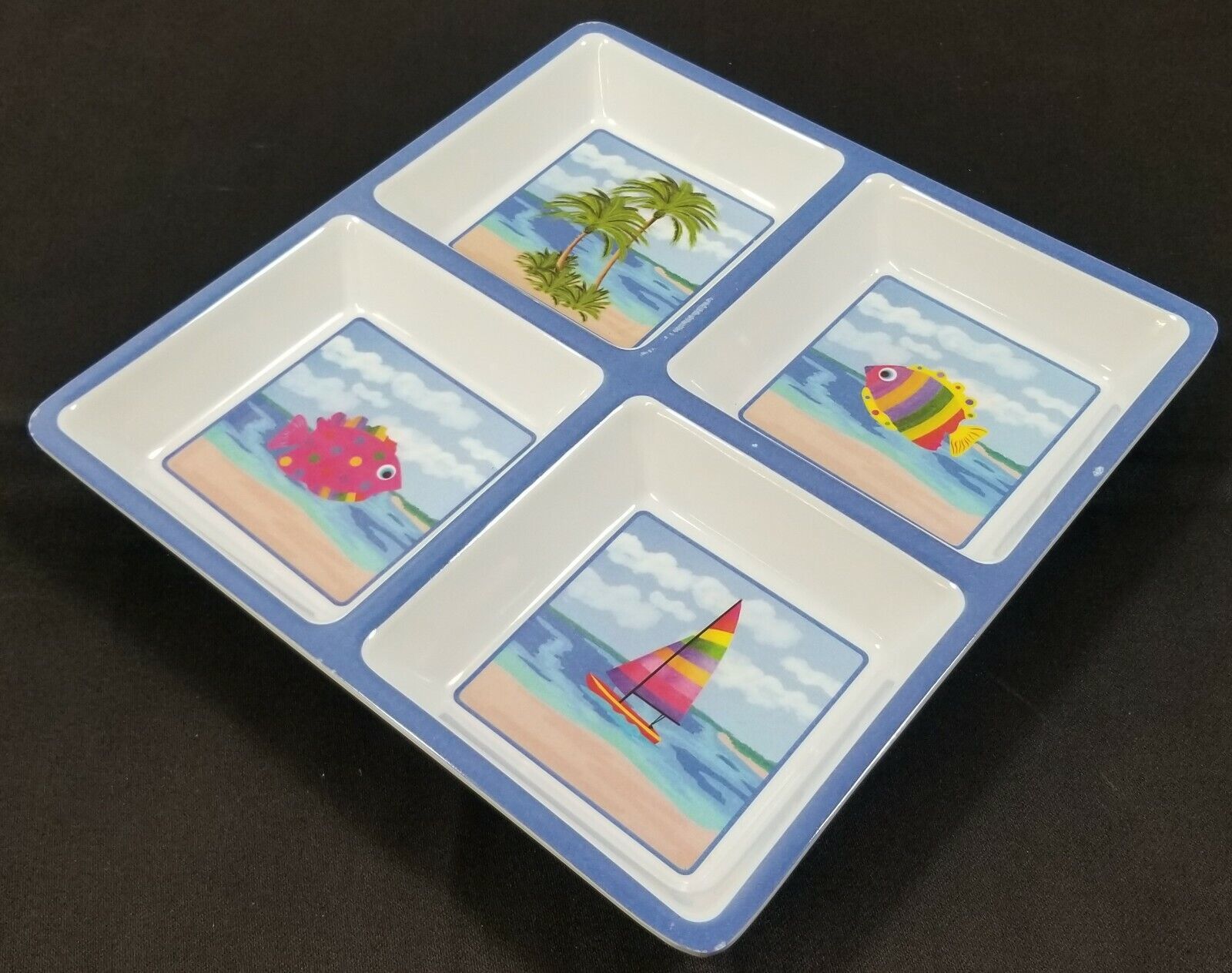 Baby 4 Quadrant Divided Beach Fish Boat Children&#39;s Food Square Plate 8.5&quot; - $4.94
