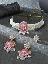 Pink &amp; White Multistrand Meenakari Kundan Choker Necklace Earring Jewelry Set - £20.05 GBP