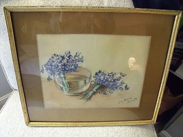 Antique 1896 Signed Floral Watercolor Painting Blue Forget Me Nots Flower Peters - £195.23 GBP