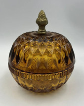 Vintage Amber Gold Glass Candy Dish with Lid Brass Pineapple Accent READ - £21.32 GBP