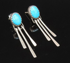 NAVAJO 925 Silver - Vintage Inlaid Oval Turquoise Bar Dangle Earrings - EG12103 - £50.06 GBP