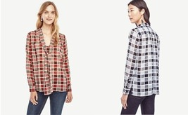 New Ann Taylor Tie Neck Blue Red Plaid Long Sleeve Double Layer Chiffon Shirt M - £35.55 GBP
