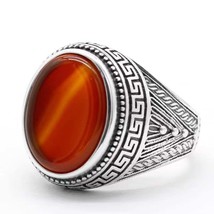 Natural Red Agate Stone Ring for Men 925 Sterling Silver Vintage Totem Gemstone  - £42.48 GBP