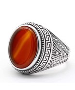 Natural Red Agate Stone Ring for Men 925 Sterling Silver Vintage Totem G... - £43.29 GBP