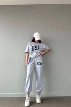 Usa T-shirt Sweatpants Jogger- Gray Printed Bottom Top Tracksuit Suit Oversize C - £16.40 GBP