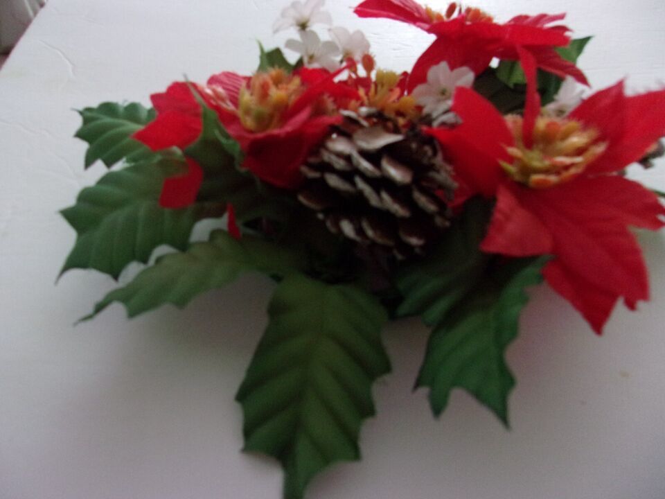 Vintage Christmas Candle Ring Silk Poinsettia Pine Cones 8&#39;&#39; - $5.00