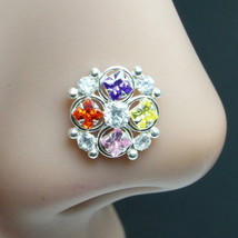 Pure Sterling Silver Multi-color CZ Studded Nose ring Push Pin - $16.27