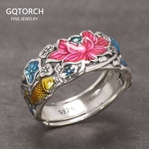 Sterling Silver S925 Women&#39;s Enamel Carp Lotus Ring Antique Hollowed Out Nationa - £26.61 GBP