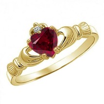 July Birth Simulated Ruby Heart Shape Claddagh Promise Ring in 14k Gold Plated - £29.42 GBP