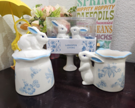 4pc Easter Toile Blue White Bunny Rabbit Sugar Creamer Salt Pepper Shakers Set - $44.54