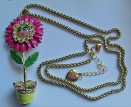 Betsey Johnson Large Garden Party Flower Pot Pendant Necklace Rhinestone, Enamel - $84.15