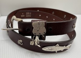 NAVASOTA BROWN LEATHER BELT WITH SILVER  TONE Fish Fishing Accents Size ... - £17.72 GBP