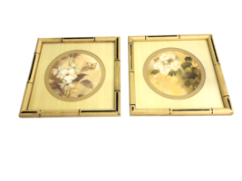 2 Vintage Asian Floral Prints Soft Yellow Mat Light Faux Bamboo Frames 1... - $148.88