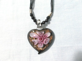 Black Bronze and Pink Glass Heart Pendant 16&quot; 4 Strand Black Cord with Crystals - £6.68 GBP
