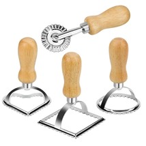Ravioli Stamp Maker Cutter With Roller Wheel (Set Of 4), Wooden Handle And Flute - £16.06 GBP