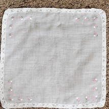 Vintage Handmade Handkerchief White Pink Flowers Approx 11x11 Inch Colle... - £8.22 GBP