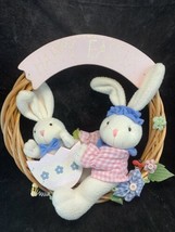 Vintage Handmade Happy Easter  Plush Bunny Wicker Wreath 13 inch Diameter - $9.88