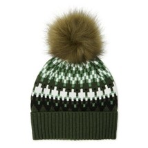 Time And Tru Women&#39;s Fair Isle Knit Beanie Hat W Pom Pom Olive Dusk New - £13.10 GBP