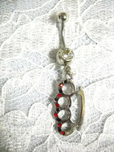 Brass Knuckles Duster Charm W Black &amp; Red Crystals On Clear Cz Belly Button Ring - £4.82 GBP