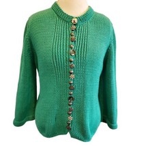 Pure Handknit Green Cardigan Cotton Ornate Buttons Chunky Size M/L - £30.64 GBP