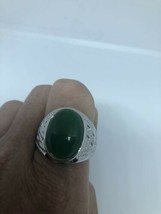 Vintage Plata de la Suerte Verde Nefrita Jade Talla 11 Anillo - £66.42 GBP