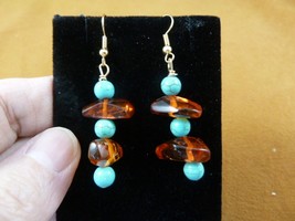 (pe18-7)  orange Baltic AMBER + 6mm Turquoise beaded dangle silver wire earrings - £14.23 GBP