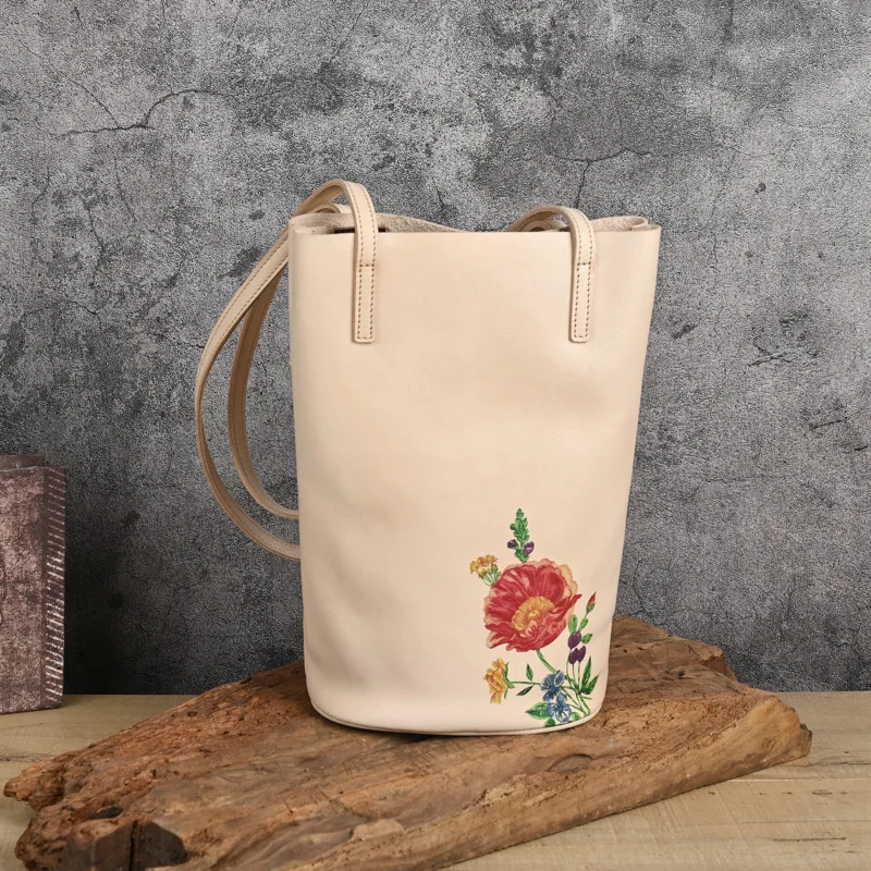  Retro Hand-printed Women&#39;s Bag For Women  Leather Bucket Handbags Long Handle L - £68.41 GBP