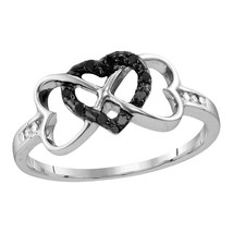 Sterling Silver Round Black Color Enhanced Diamond Triple Heart Ring 1/10 - £38.75 GBP