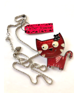 Betsey Johnson Red Cat Brooch Pin Silver Tone - €6,82 EUR