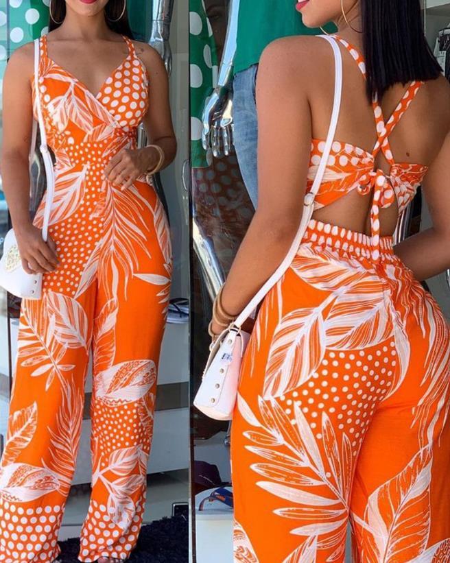 Tropical Print Spaghetti Strap Jumpsuit - $28.95