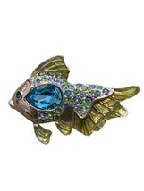Monet Angel Fish Brooch Aqua Blue Rhinestones Jelly Belly Green Enamel Silver - £23.72 GBP