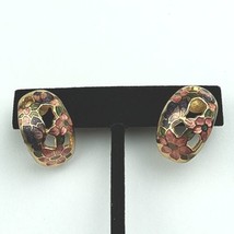 Vintage Cloisonne Enamel Flower Design Huggie Pierced Earrings 1” - £7.56 GBP