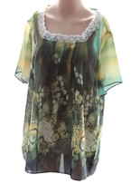 Lian Kiu Women’s Green Sheer Lace Trimmed Square Neck Floral Blouse Size... - £8.55 GBP