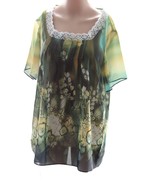 Lian Kiu Women’s Green Sheer Lace Trimmed Square Neck Floral Blouse Size... - $10.88