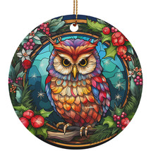 Cute Owl Bird Ornament Colorful Stained Glass Art Xmas Wreath Christmas Gift - £11.82 GBP