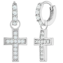 Religious Cross Drop Dangle Hoop Earrings Cubic Zirconia 14K White Gold Plated - £25.50 GBP