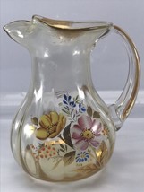 VTG Floral Painted Yellow Glass Pitcher Gold Trim 7.25&quot; - $22.49