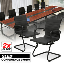 [Pair Set]Black Leather Sled Base Guest Chair Meeting Room Conference Cl... - £230.31 GBP