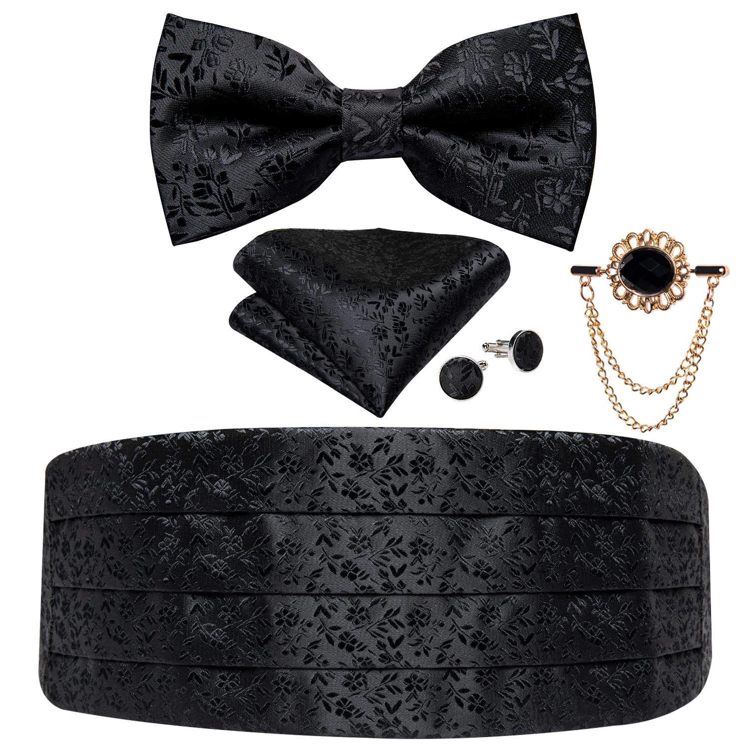 Black Floral Silk Wedding Men&#39;s Cummerbunds B Tie Brooch Set Tuxedo Formal Wide  - £18.67 GBP