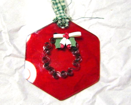  Paper Quilled Green Wreath on Red Glass Ornament, Handcrafted - $14.99