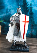 Templar White Cloak Medieval Crusader Swordsman Knight W/ Cross Shield Figurine - £30.36 GBP