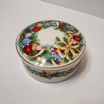 Mikasa Round Trinket Box with Lid, Christmas Bouquet, 1980s ceramic lidded dish
